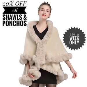 Elegant Faux Fur Trimmed Layered Shawl/Cape Coat